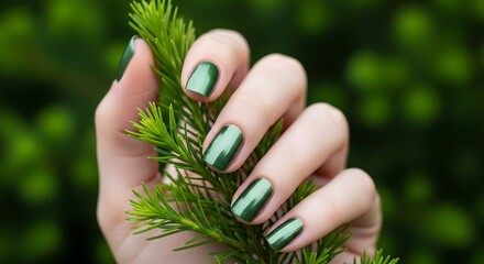 Woman s hand with green nail polish holding a pine branch