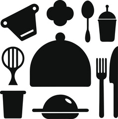 Collection of black restaurant and dining icons and symbols silhouette isolated on white background isolated on transparent background