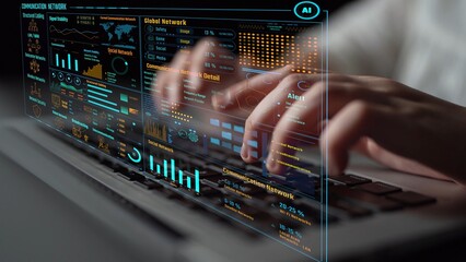Data center monitoring dashboard visualize network performance, connection status, usage rate, and...