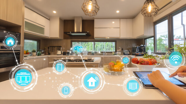 Smart kitchen with connected devices and digital interface displayed on tablet