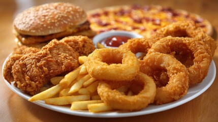 A colorful assortment of crispy fried chicken, golden onion rings, and cheesy pizza showcases a perfect meal for friends or family. The inviting atmosphere encourages enjoyment and connection.