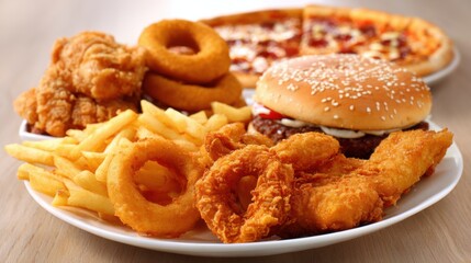 A tempting spread of food showcasing crispy fried chicken, golden fries, and savory onion rings paired with a juicy hamburger. In the background, a slice of pepperoni pizza completes the feast.