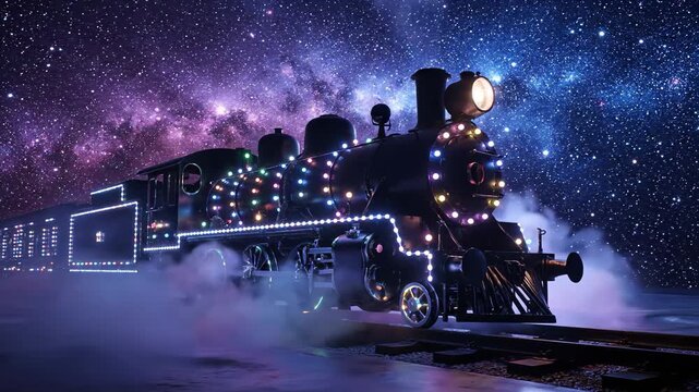 Enchanting Christmas steam train adorned with bright festive lights chugging along the railway. Gorgeous night sky filled with twinkling stars and hints of a majestic violet galaxy