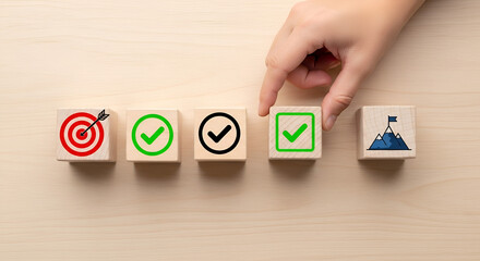 Progress symbols on wooden blocks, professional and career growth concept