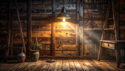 Fototapeta premium Rustic wooden interior with warm lighting and simple decor in a cozy atmosphere