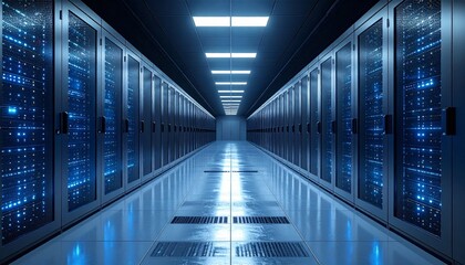 Modern data center corridor with illuminated server racks and reflective flooring, creating futuristic atmosphere