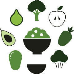 Collection of healthy green fruits and vegetables arranged around a bowl of salad isolated on white background isolated on transparent background silhouette