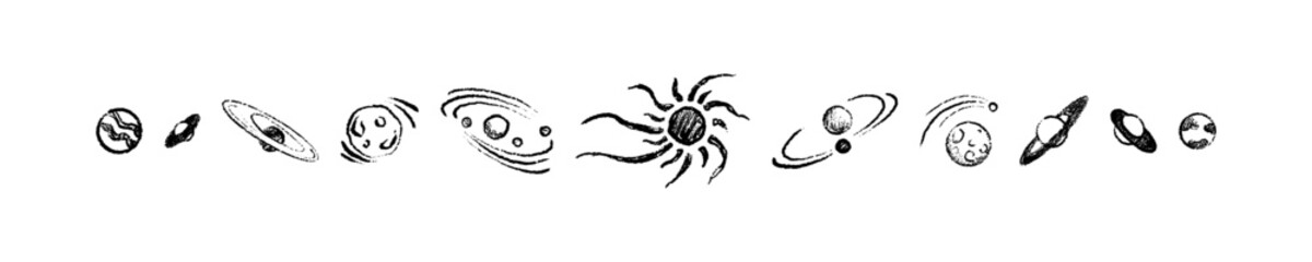 Hand drawn crayon sketch planet solar system diagram vector illustration. Childish kid chalk drawing on the school blackboard. Cosmic outer space doodle background with Sun, Earth, Moon, Saturn © Kseniia