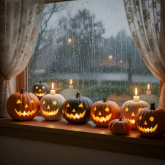 Jack-o'-lanterns on Window Sill in Rainy Evening.