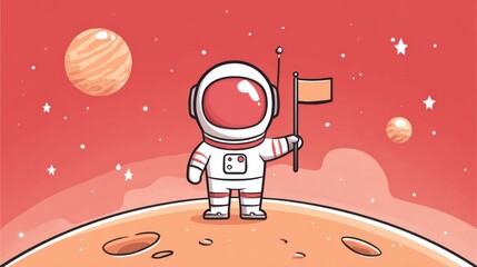 Fototapeta premium An adventurous astronaut stands on the surface of a vibrant planet, proudly holding a flag as two colossal planets loom in the pink-hued sky.