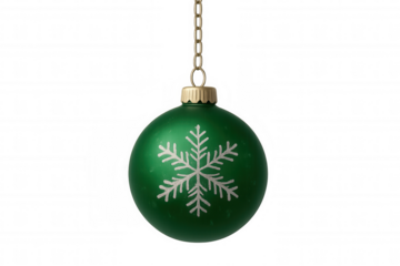 Green christmas bauble with a white snowflake design, hanging from a gold chain. Transparent background
