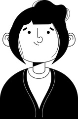 Stylized black and white illustration of a smiling woman with short dark hair and bangs.
