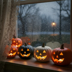 Jack-o'-lanterns on Window Sill in Rainy Evening.
