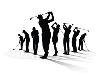 Diverse group of golfers captured in dynamic action shots showcasing various stages of their swing in a striking black silhouette against a clean white background silhouette