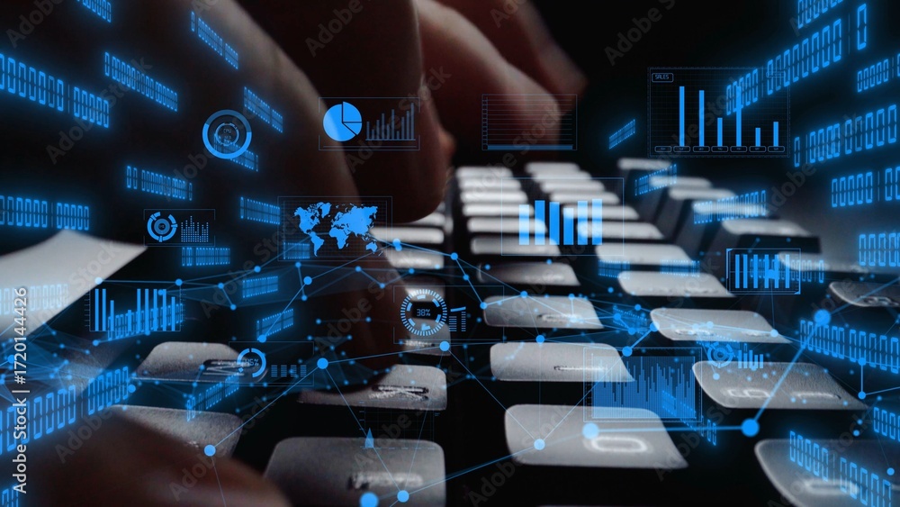 Poster a close-up shot of hands typing on a keyboard amid dynamic digital data visualizations, showcasing t