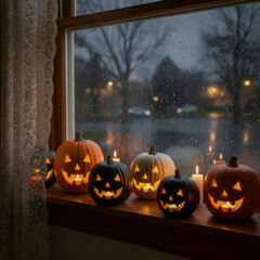 Jack-o'-lanterns on Window Sill in Rainy Evening.