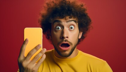 Surprised young man looking at his smartphone with an expressive face against a vibrant red background