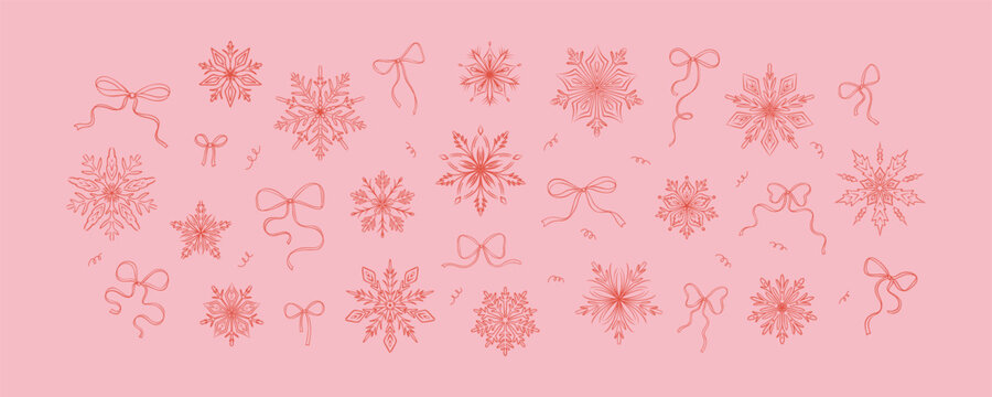 Set of hand drawn doodle cute pink snow flakes and coquettish bows. Whimsical winter coquette design elements. Merry Christmas and Happy New year drawing. Victorian filigree lace sketch background