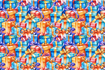 Festive watercolor seamless pattern New Year's gifts, intricate bows, ribbons. Bright, cheerful pop art style for holiday packaging, prints, textiles