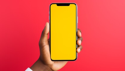 Hand holding smartphone with yellow screen against vibrant red background creating striking visual impact