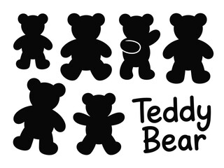 Collection of six black teddy bear silhouettes in various poses with the words teddy bear silhouette