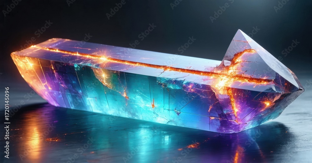 Poster vibrant crystal structure glows. internal fractures radiate light, creating stunning visual effect. 