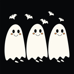 Cute smiling ghost illustration with stars and bats for Halloween design