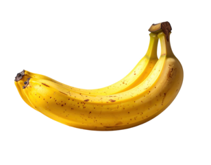 Two ripe bananas with brown spots are presented against a black backdrop, showcasing the fruit's rich yellow hue and subtle imperfections.