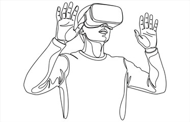 Vector art of a line drawing of a person wearing a vr headset with hands raised, the image represents virtual reality and technology