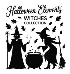 Halloween elements witches collection silhouette featuring two witches and a cauldron with bubbles and falling leaves