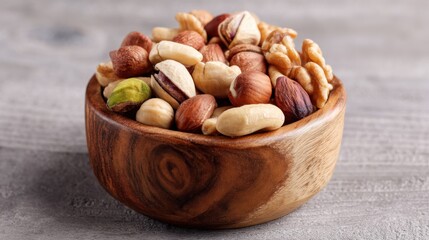 Obraz premium A beautiful wooden bowl is filled with an array of mixed nuts, showcasing a variety of textures and colors. The rustic table beneath adds warmth and charm to this enticing snack display.