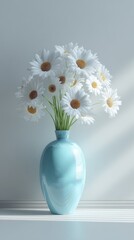 White daisies in light blue vase