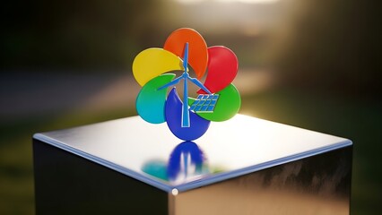 Vibrant renewable energy icons like wind turbine, solar panel, and water drop symbolize sustainable future and green solutions.