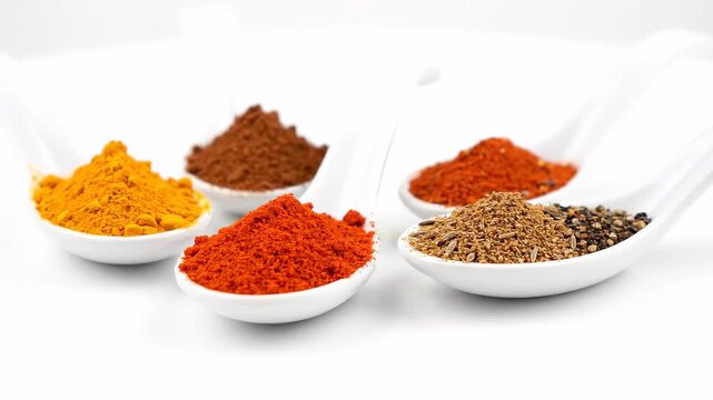 Variety of fragrant spices displayed in elegant white ceramic spoons. Assortment of herbs and seasonings for culinary use arranged on a clean white surface