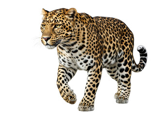 Obraz premium A captivating leopard in a dynamic, walking pose, featuring intricate spotted fur patterns against a striking black background.