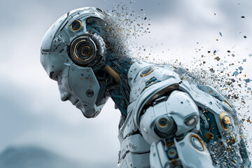 Fototapeta premium Futuristic robot disintegrating into digital particles