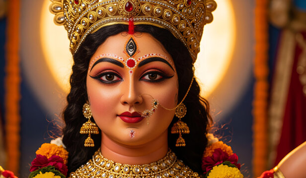 Divine Navratri Durga Devi idol adorned with flowers and lights