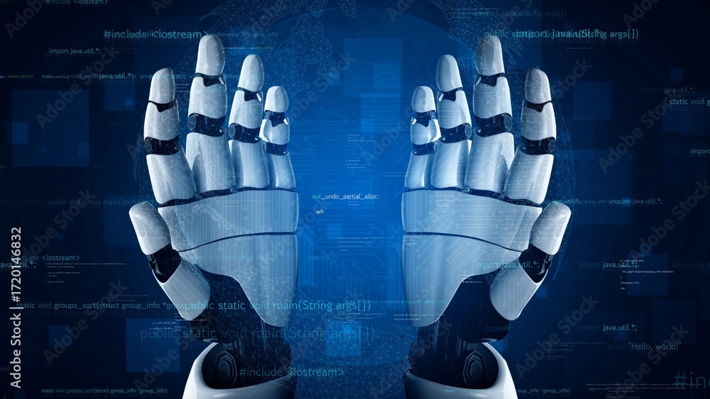 Poster robotic hands open in a futuristic digital environment, showcasing the intersection of technology an