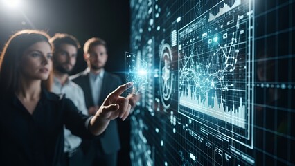 Business professionals analyze dynamic data visualizations on a futuristic interactive screen for strategic decision making