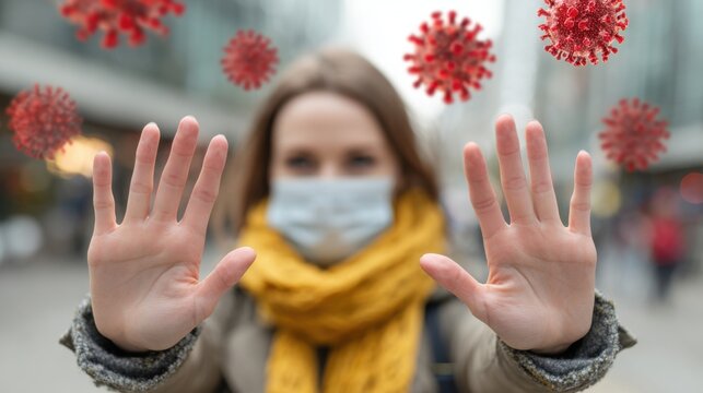 In a bustling city environment, a woman wearing a face mask extends her hands forward, symbolizing protection and health awareness amidst the ongoing pandemic.