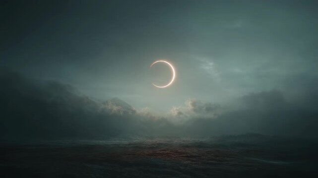 Crescent moon glowing in night sky over dark landscape. Mysterious celestial scene with cloudy atmosphere. Lunar eclipse concept for astronomy, nature, and mood wallpaper.