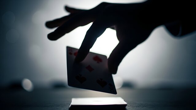Mysterious hand dropping a playing card in dramatic low light, creating intrigue and suspense for games or magic.