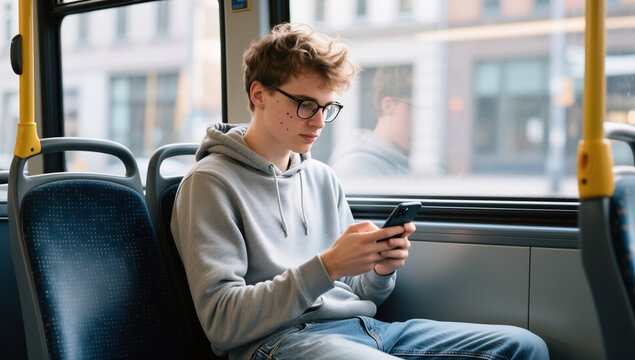 Young Man Using Smartphone While Traveling on City Bus
