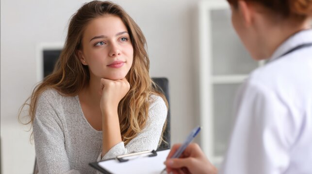 In a modern medical office, a young woman listens attentively to a healthcare professional. The atmosphere is supportive, encouraging a meaningful dialogue about health and wellness.