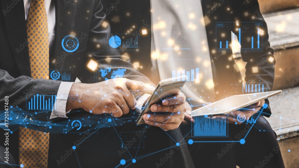Poster Business professionals interact with technology while analyzing data through digital interfaces. The scene showcases teamwork and modern workplace dynamics. Xenic