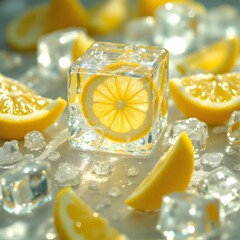 Refreshing Lemon Slices Frozen Inside Crystal Clear Ice Cubes with Droplets of Water and Shards of Ice Scattered Around a Bright and Sunny Scene