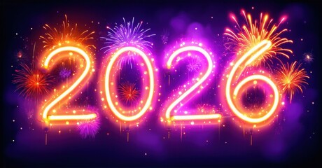Bright neon numbers display year 2026. Fireworks burst around digits, creating festive, celebratory mood. Vivid colors dominate dark background.