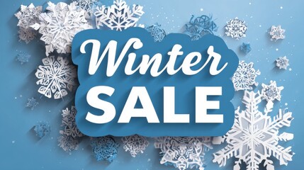 Colorful snowflakes in shades of blue decorate a backdrop, emphasizing the vibrant winter sale event. Shoppers are drawn in by appealing discounts and festive decorations.