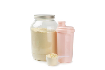 Protein powder.protein shake isolated on white background.Shaker bottle with protein.Food supplement.Whey protein powder with shaker for mixing.Sports nutrition.Concept of sports and healthy lifestyle
