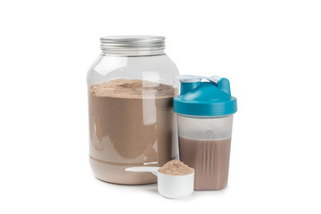 Protein powder.protein shake isolated on white background.Shaker bottle with protein.Food supplement.Whey protein powder with shaker for mixing.Sports nutrition.Concept of sports and healthy lifestyle